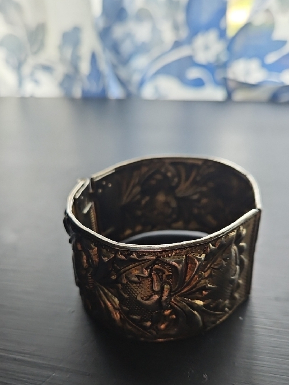 Ornate Wide Floral-Engraved Hinged Bracelet - Picture 2 of 5
